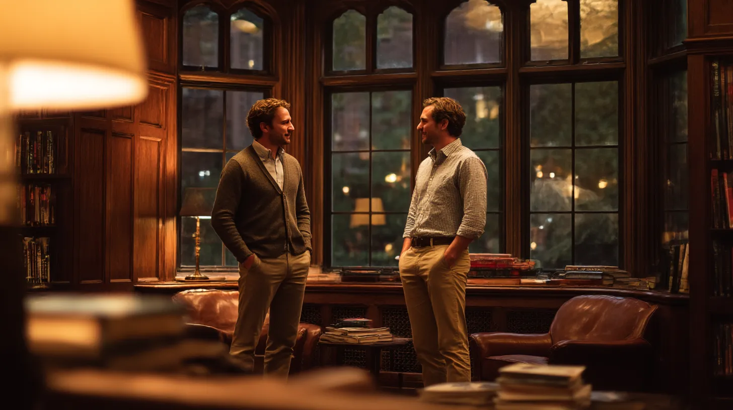 Gay Romance Stories Two men having a casual conversation, standing in a nice room that looks like a "faculty club."