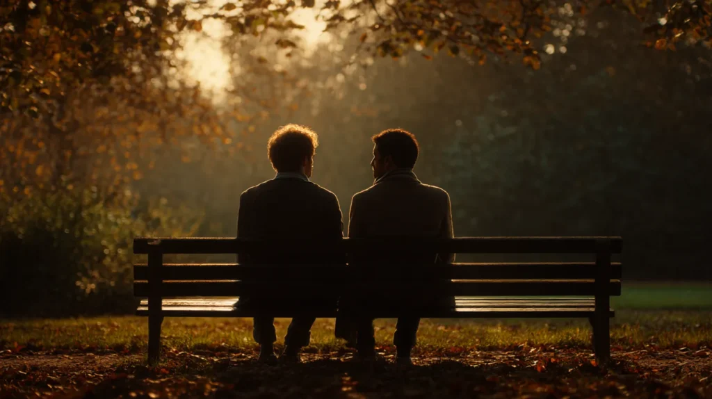 Two men having a quiet chat while sitting on a park bench in a quiet setting.