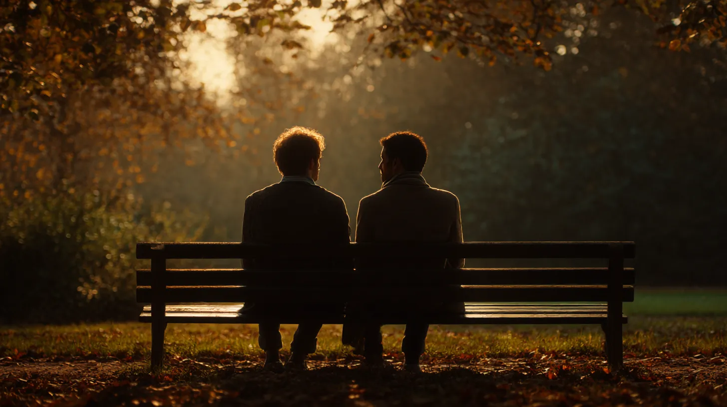 Two men having a quiet chat while sitting on a park bench in a quiet setting.