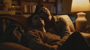 a couple hugging on couch